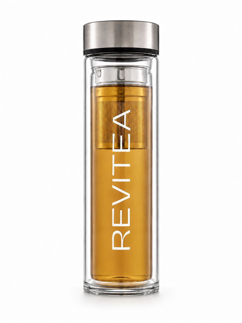 Clear glass bottle with metal lid filled with Revitea tea on a white background